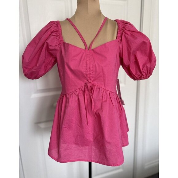 Aqua For Bloomingdale's Puff Sleeves 100% Cotton Halter Blouse Top Hot Pink - Picture 1 of 13